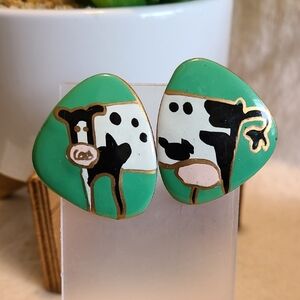Unbranded Green and Black Cow Print Stud Earrings Vintage Ladies Outdoor Animal